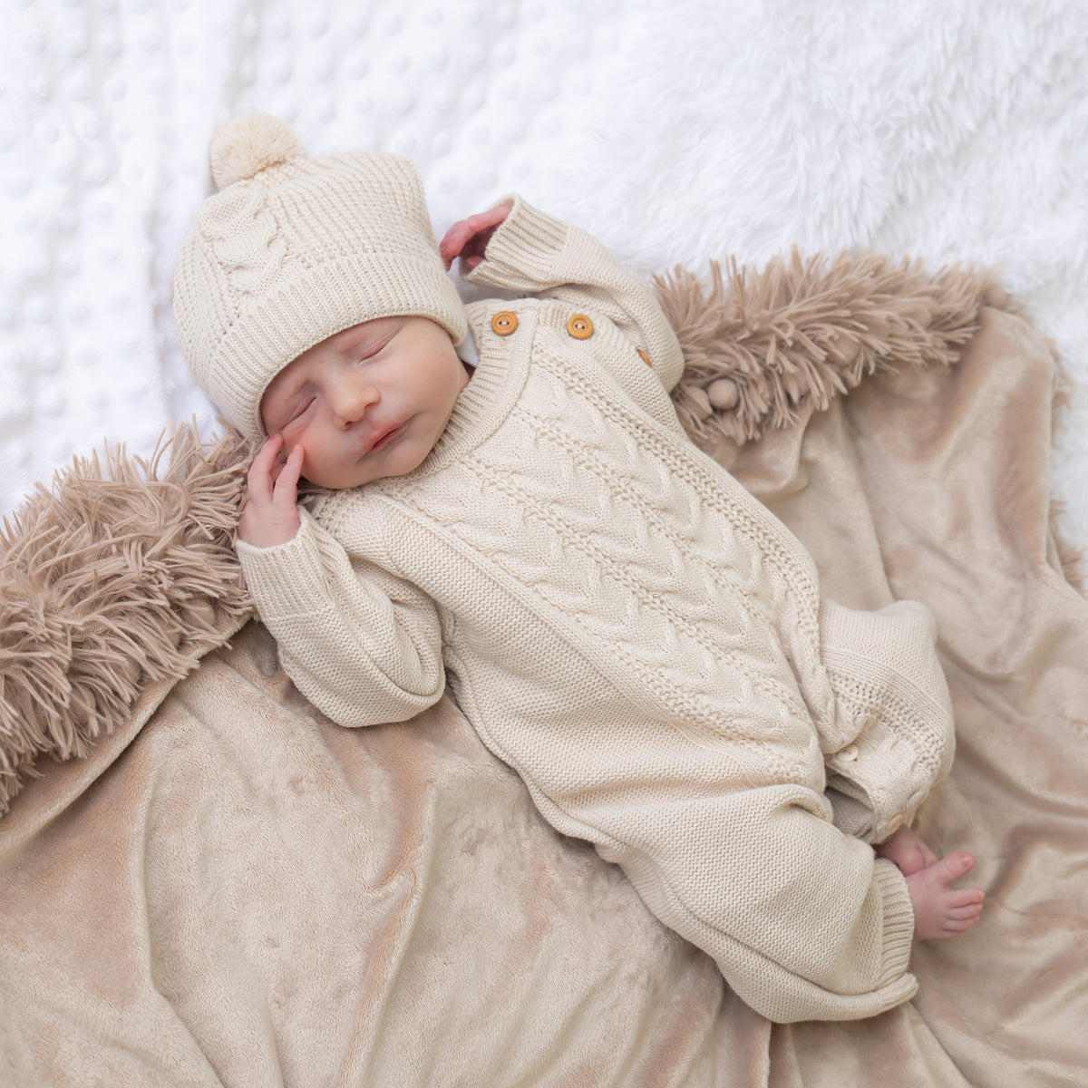 Taupe Footless Cable Knit Onesie Pom Pom Hat Millie Ralph