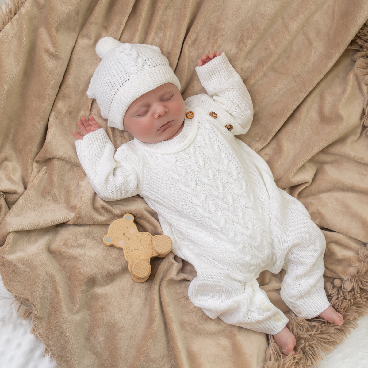 White Footless Cable Knit Onesie & Pom Pom Hat