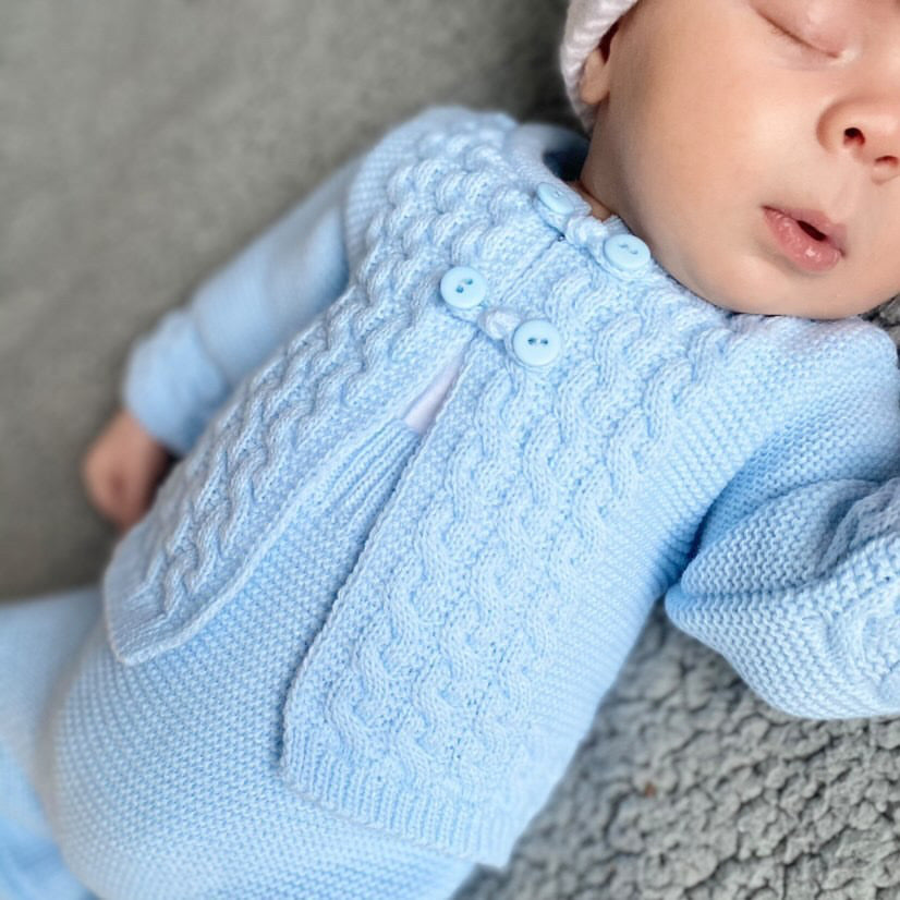 Close up of sleeping baby wearing Blue Cable Knitted Jacket Set