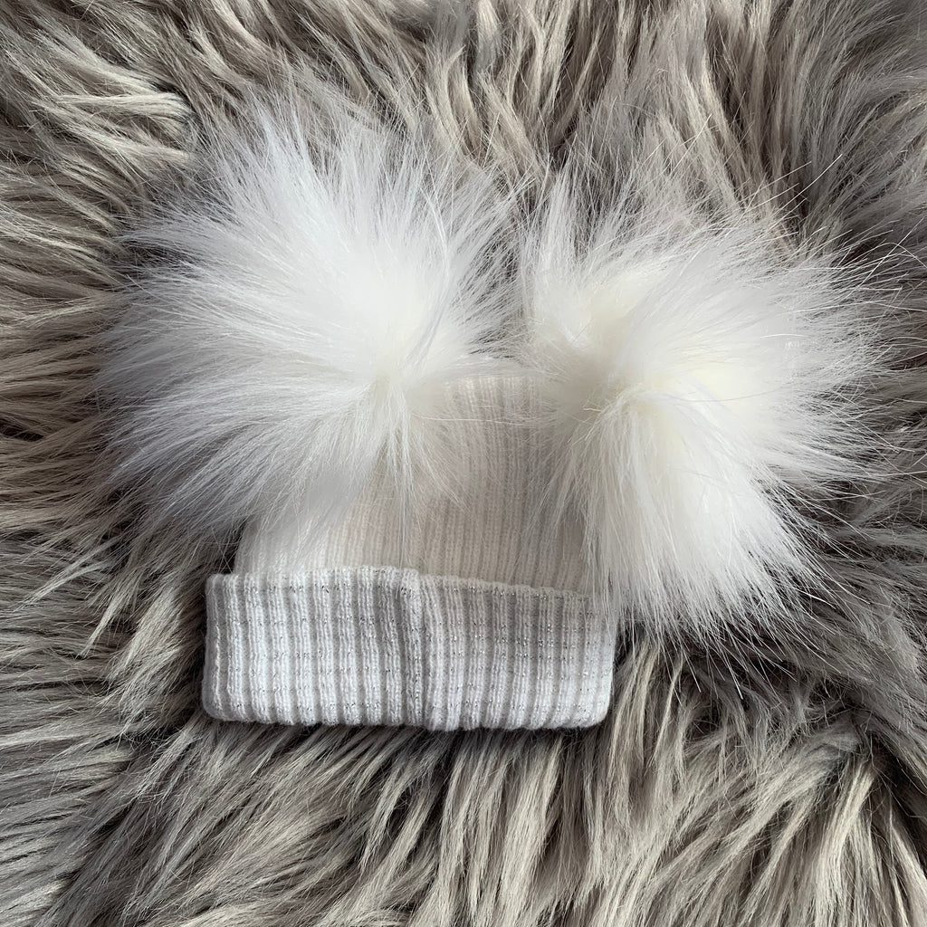 First Size White And Silver Ribbed Fur Double Pom Hat