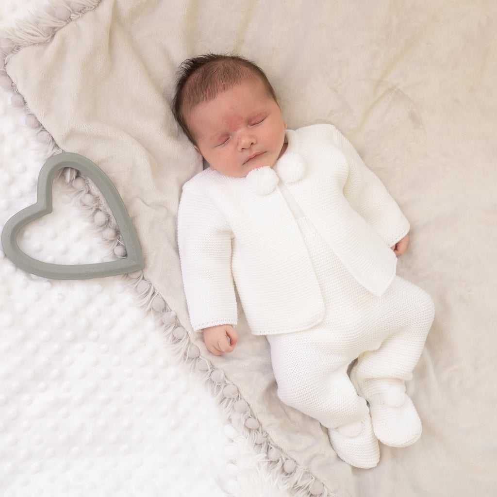 Knitted Baby Pom Pom Outfit In White | Millie & Ralph