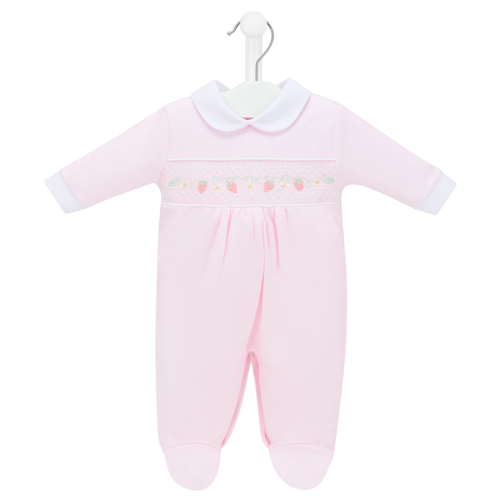Pink Strawberry Smocked Sleepsuit