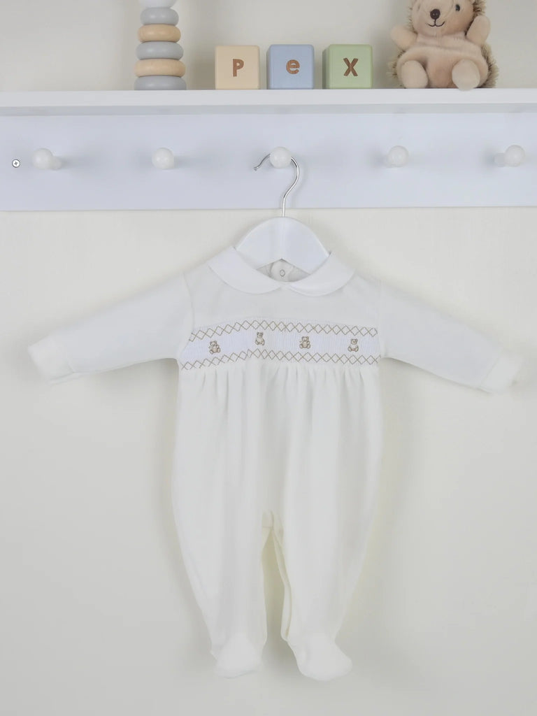 Pex Teddy Smocked Sleepsuit - Ivory
