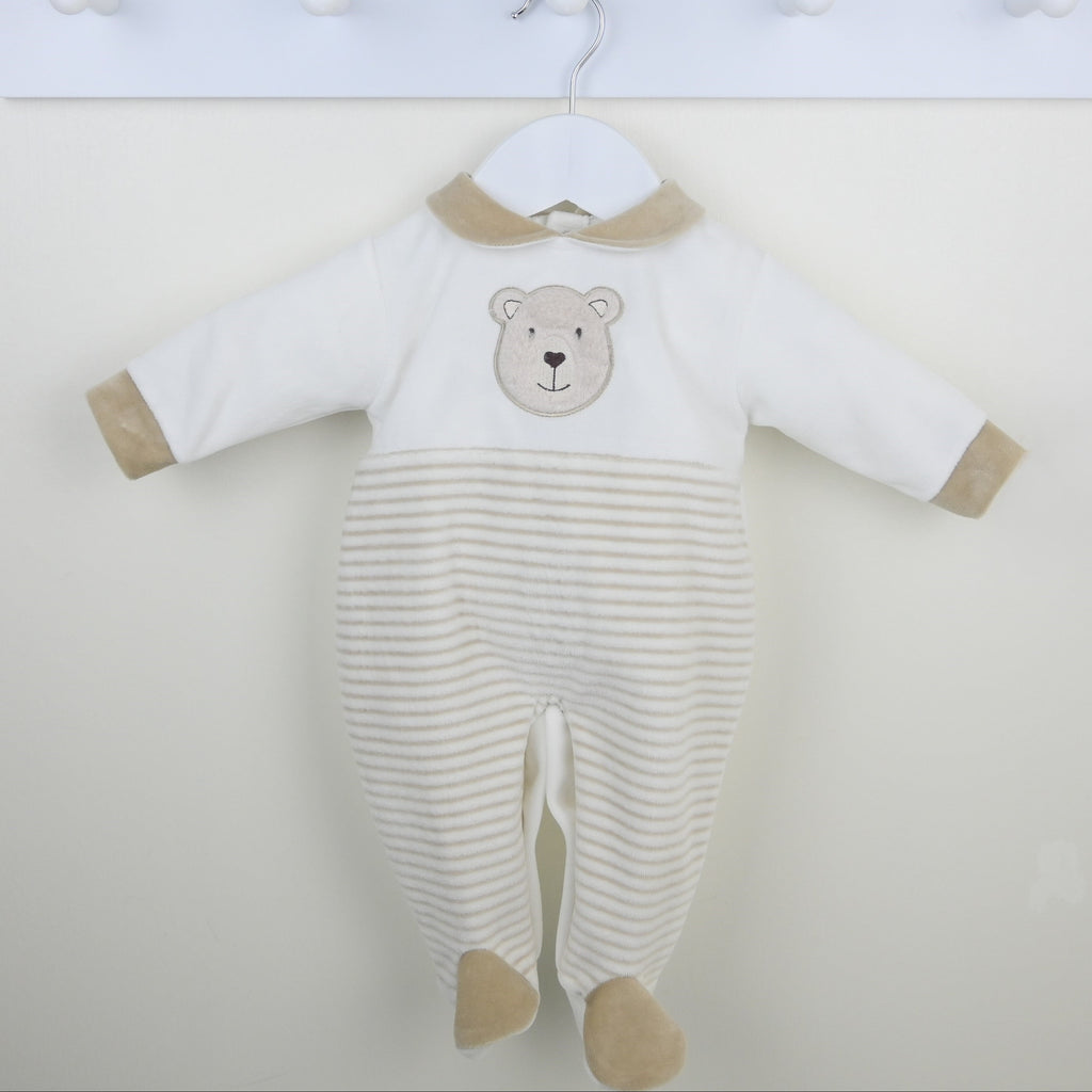 Velour Neutral Bear Sleepsuit