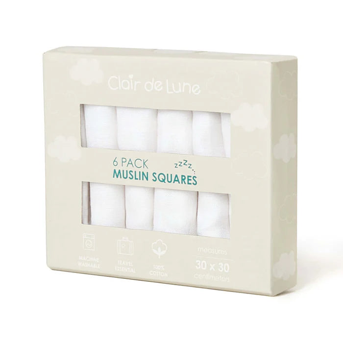 Clair de Lune 6 Pack Muslin Squares - 30 x 30 cm
