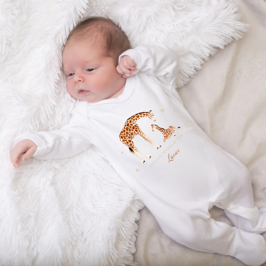 'Hello World I'm...' Giraffe Sleepsuit
