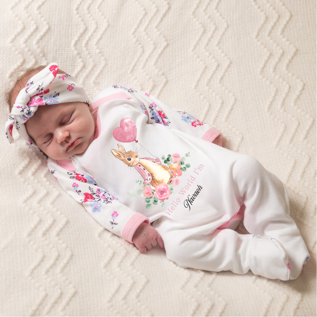 'Hello World I'm...' Rabbit Floral Sleepsuit