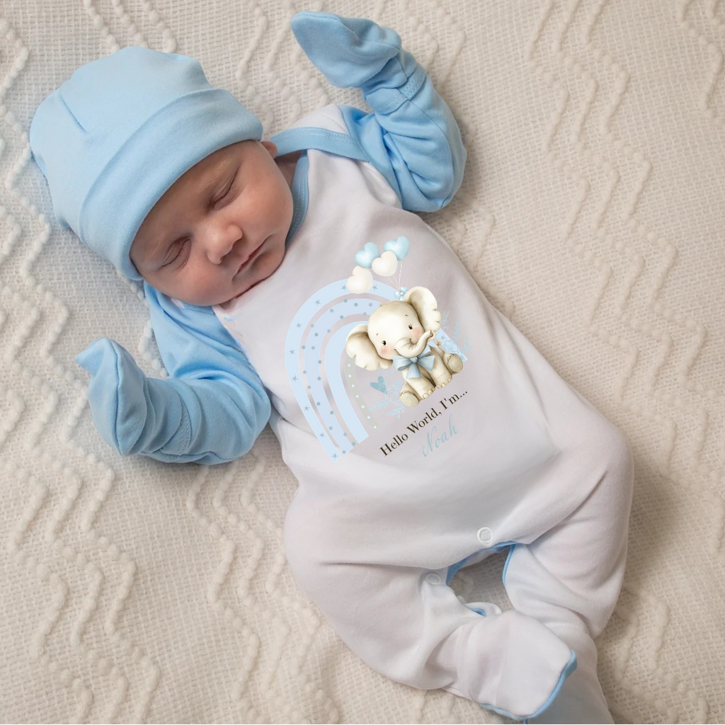 'Hello World I'm...' Blue Contrast Elephant Sleepsuit