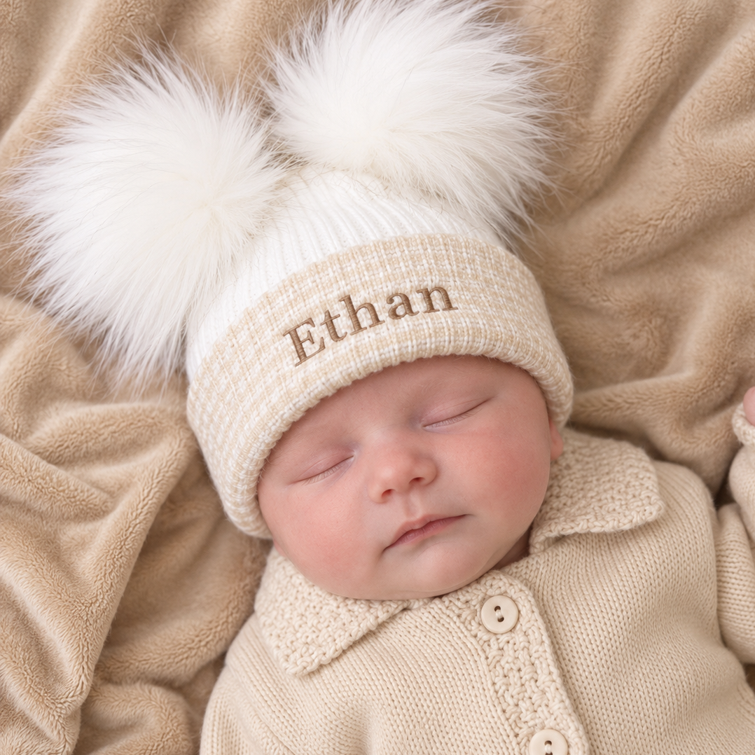 First & Beige Ribbed Fur Double Pom Hat