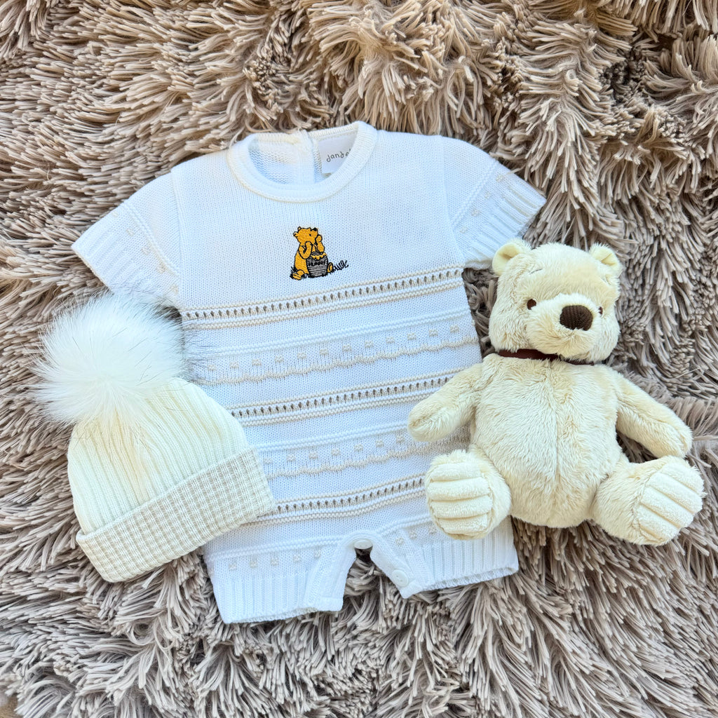 Taupe & White Knitted Pointelle Bear Romper