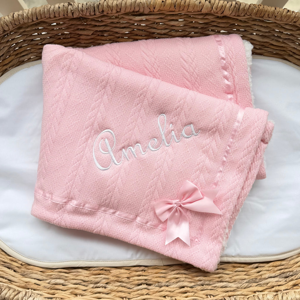 Chevron Knit Wrap Blanket with Satin Bow - Baby Pink