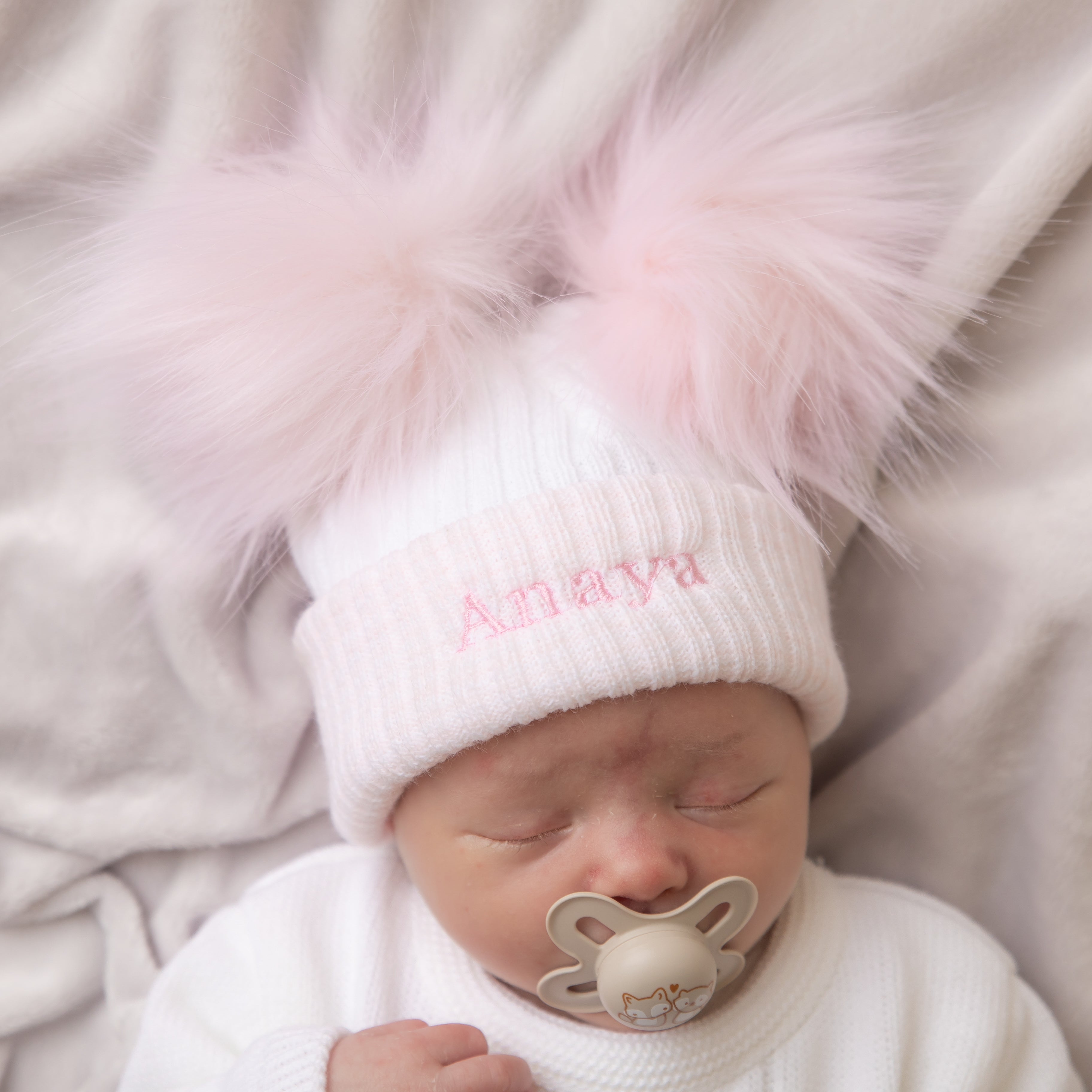 First Pink Ribbed Fur Double Pom Hat