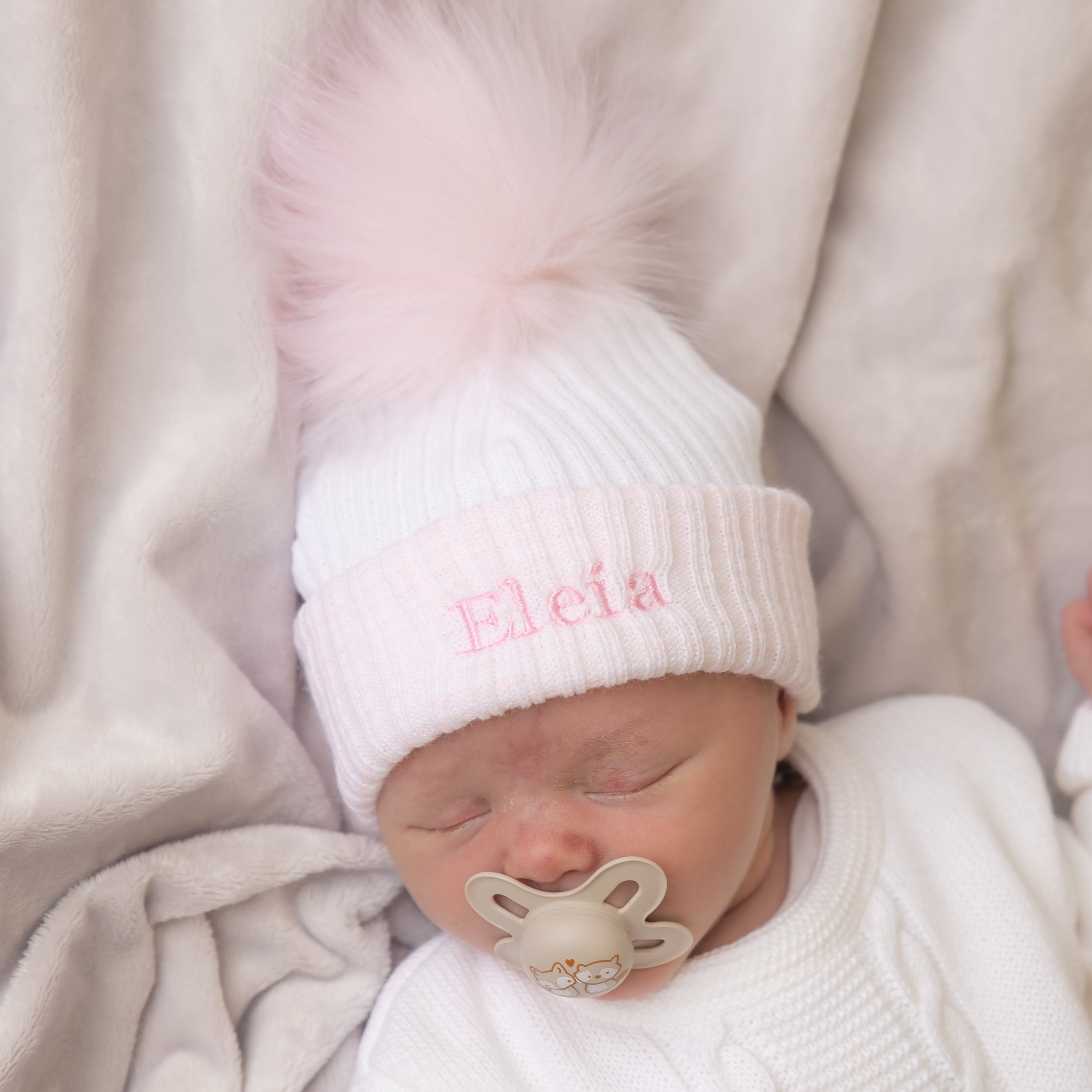 First & Pink Ribbed Fur Single Pom Hat