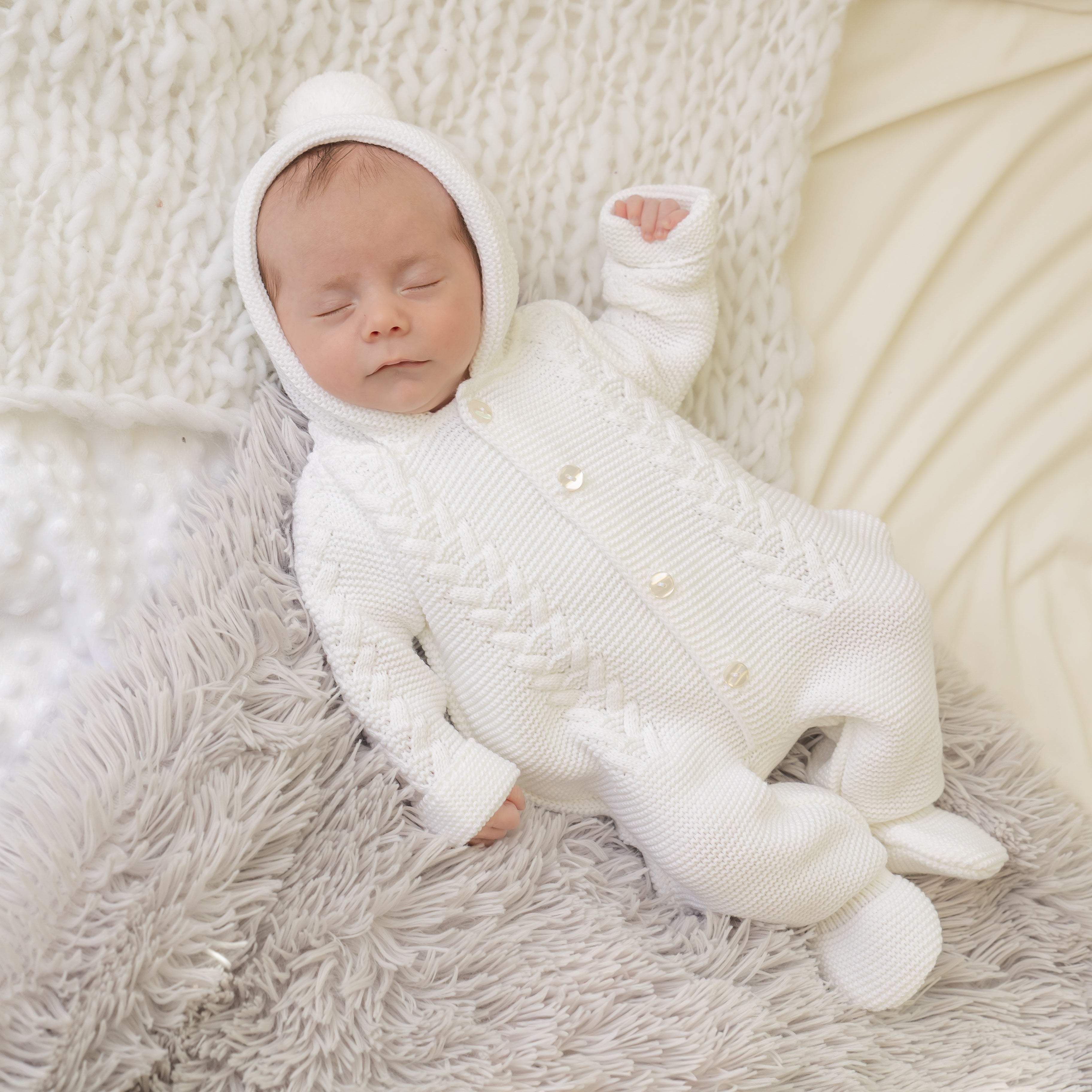 White Knitted Hooded Pramsuit - Main Image
