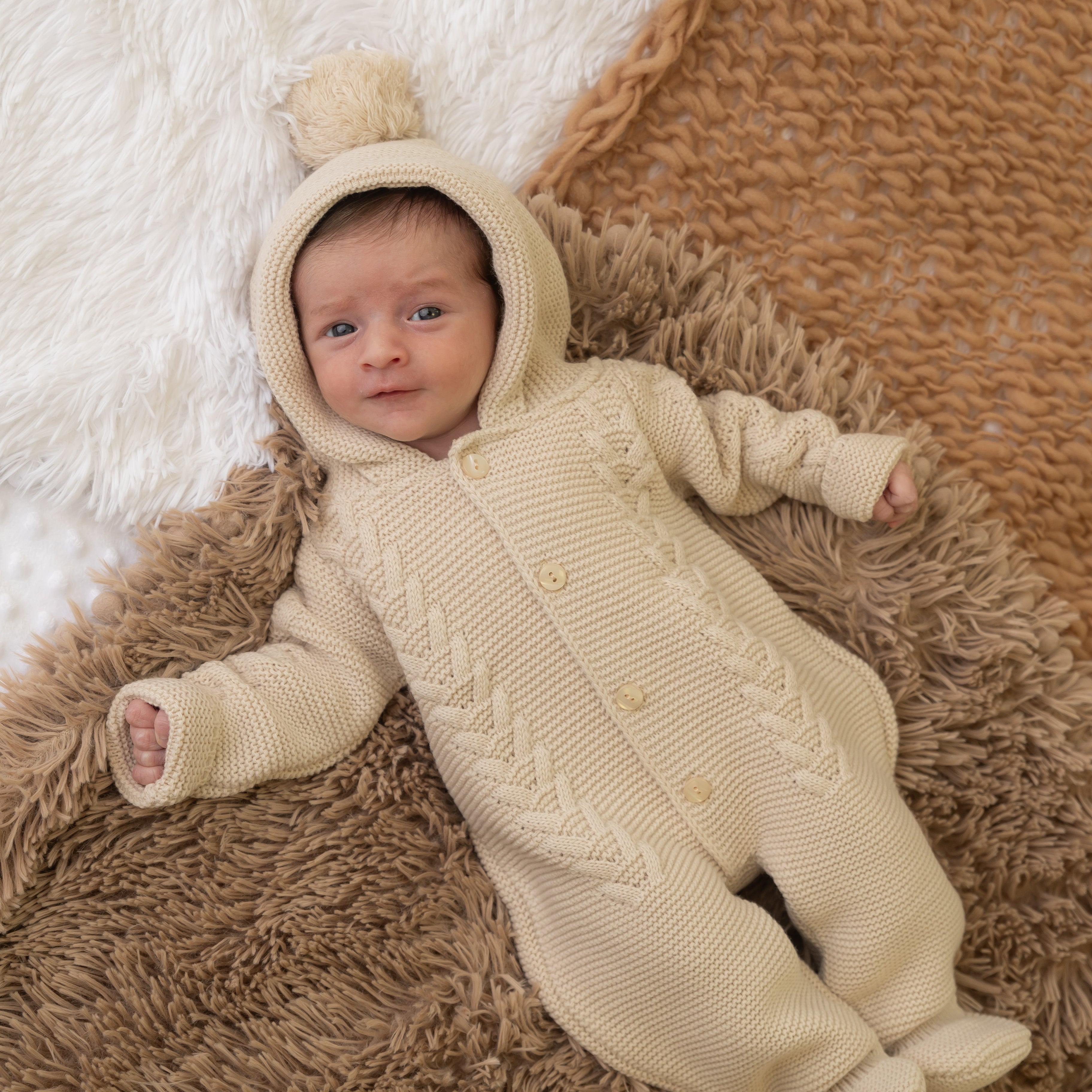 Beige Knitted Hooded Pramsuit