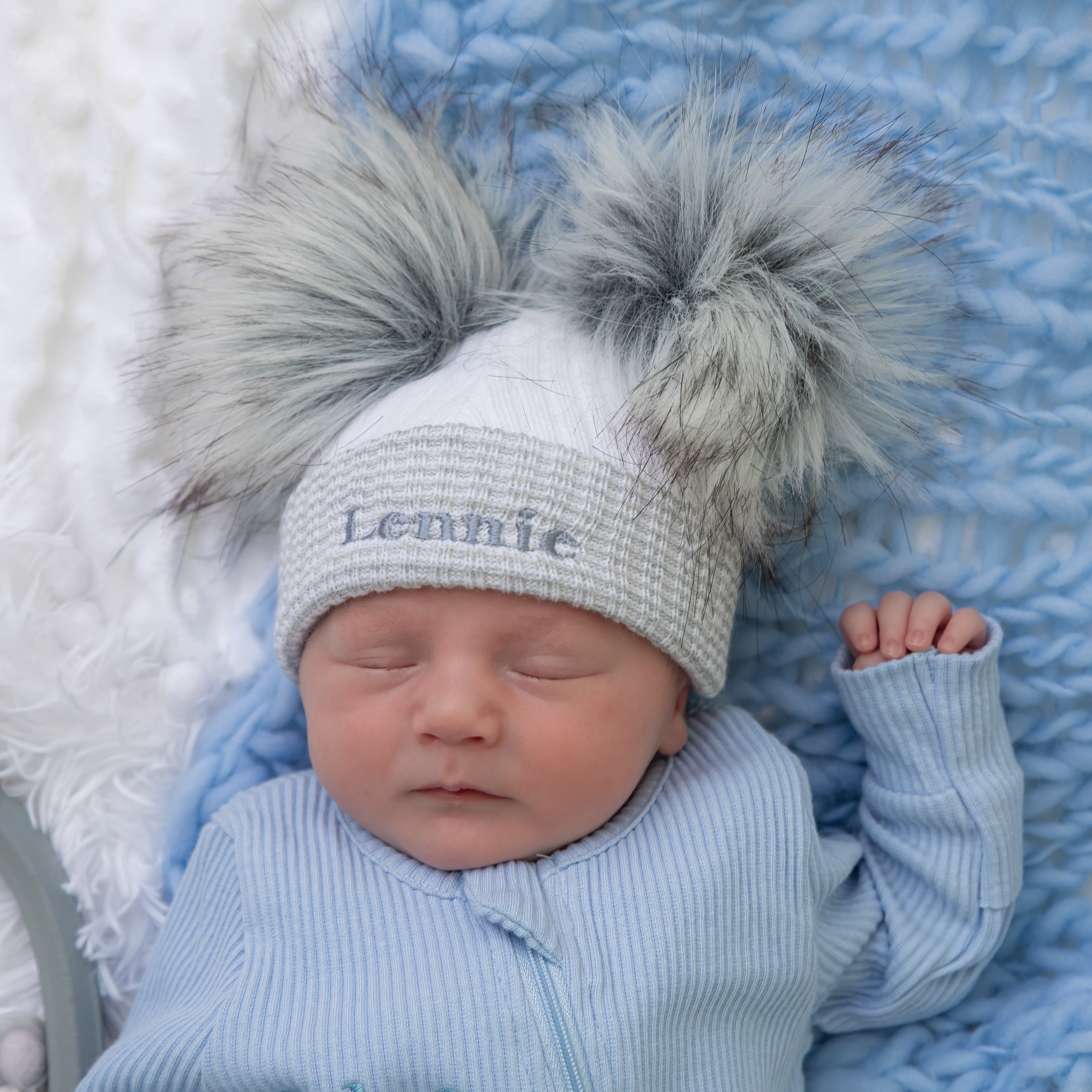First Grey Ribbed Fur Double Pom Hat
