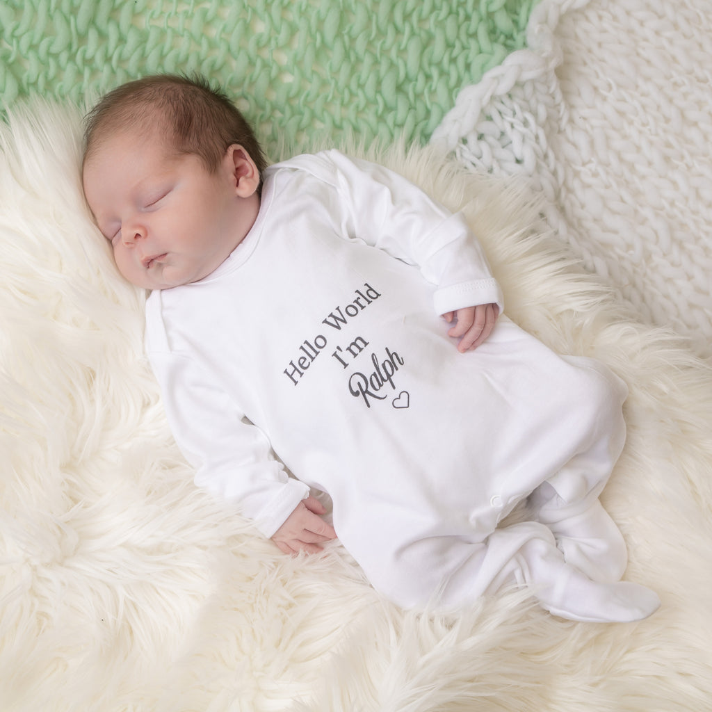 'Hello World I'm...' Classic White Sleepsuit