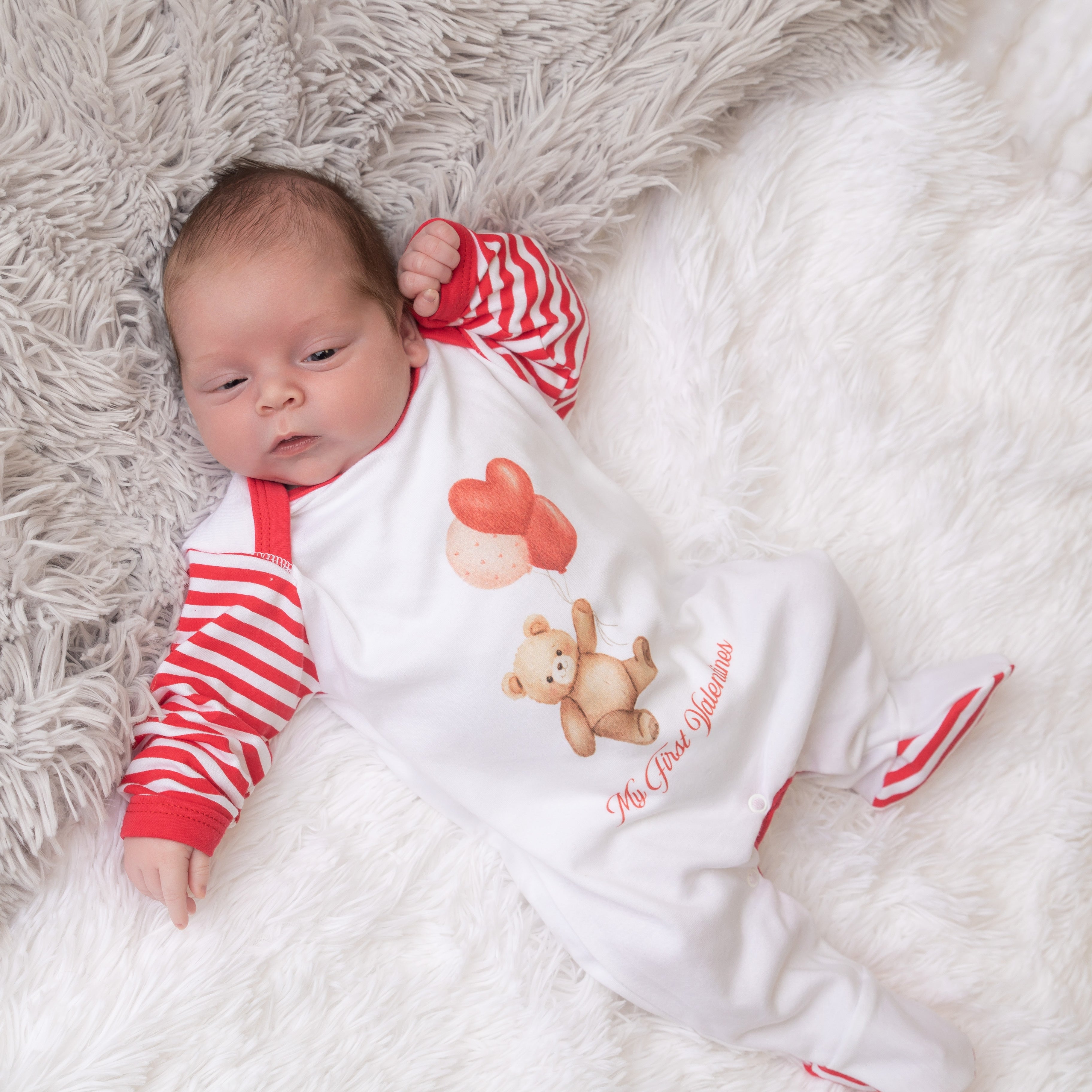 'My First Valentines' Teddy & Balloons Stripe Sleepsuit