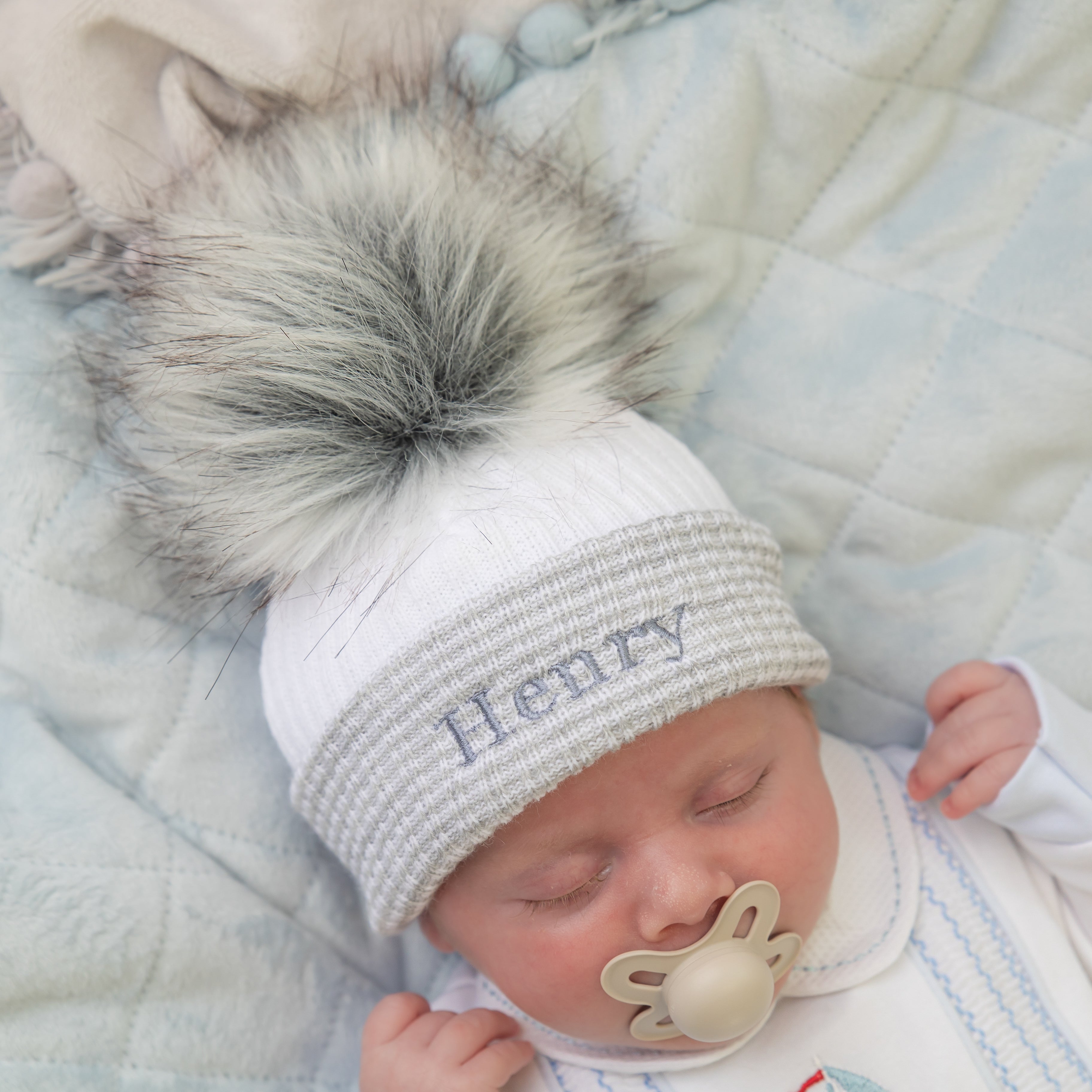 First Grey Ribbed Fur Single Pom Hat