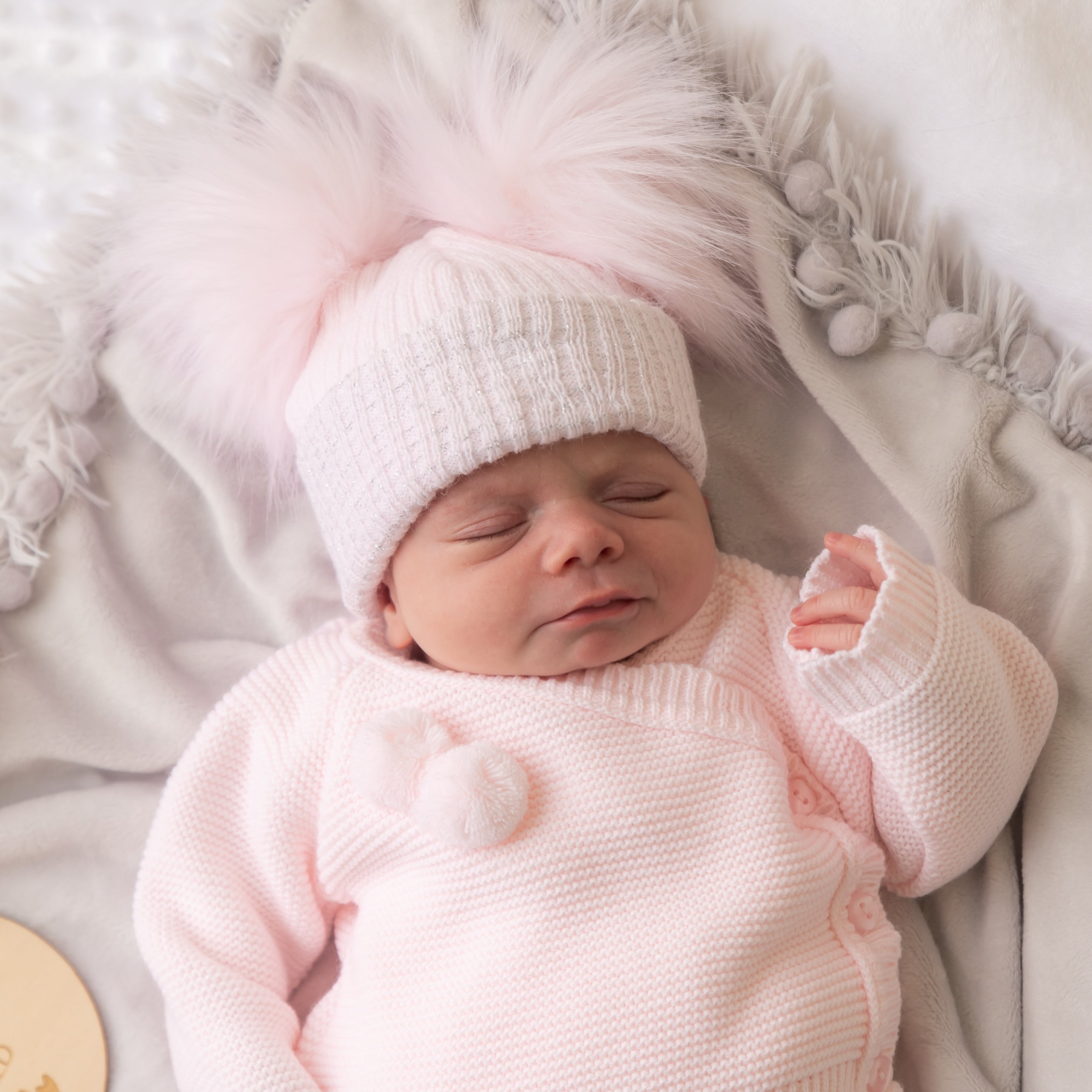 First Silver Ribbed Fur Double Pom Hat