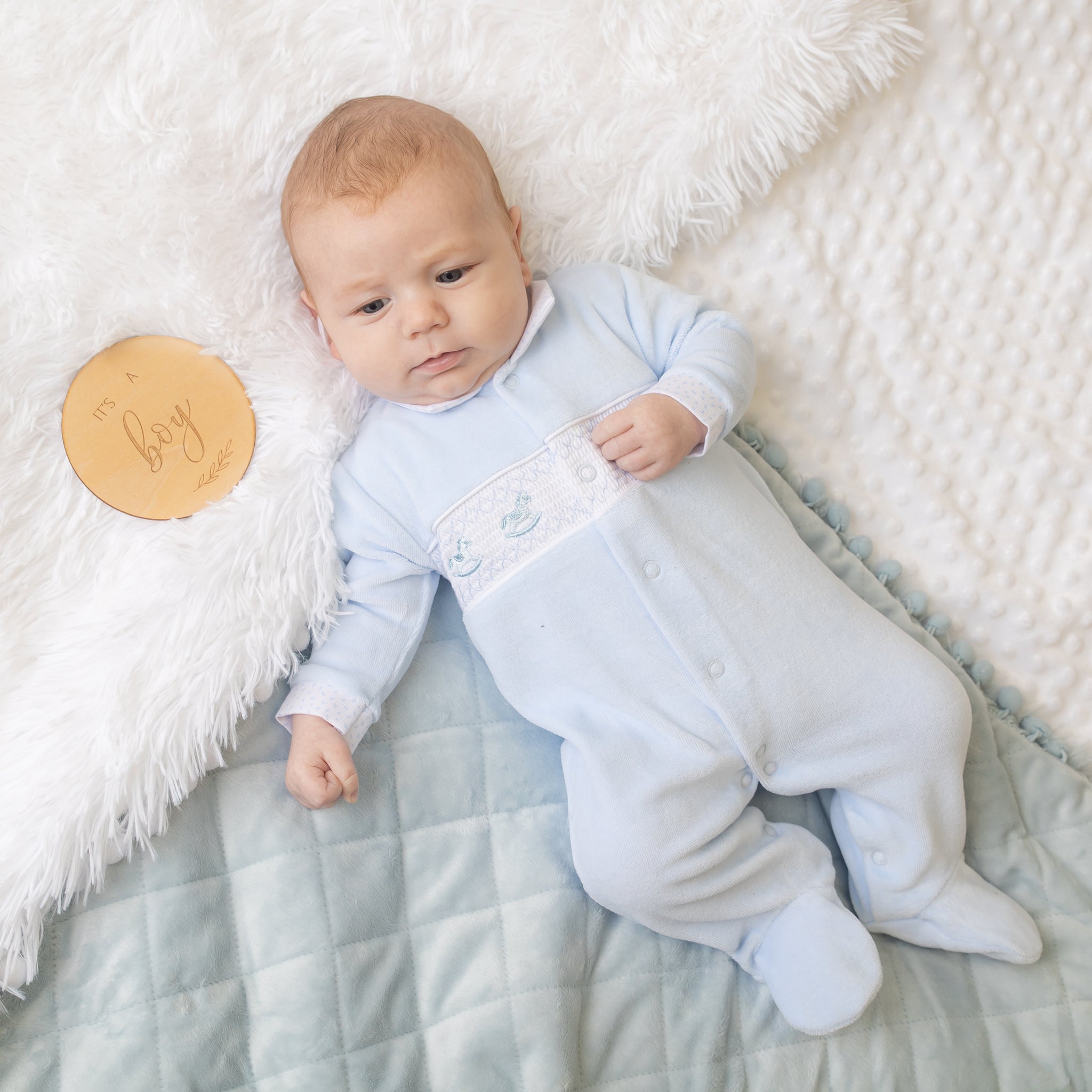 Baby Boys Rocking Horse Smocked Velour Sleepsuit – Millie Ralph