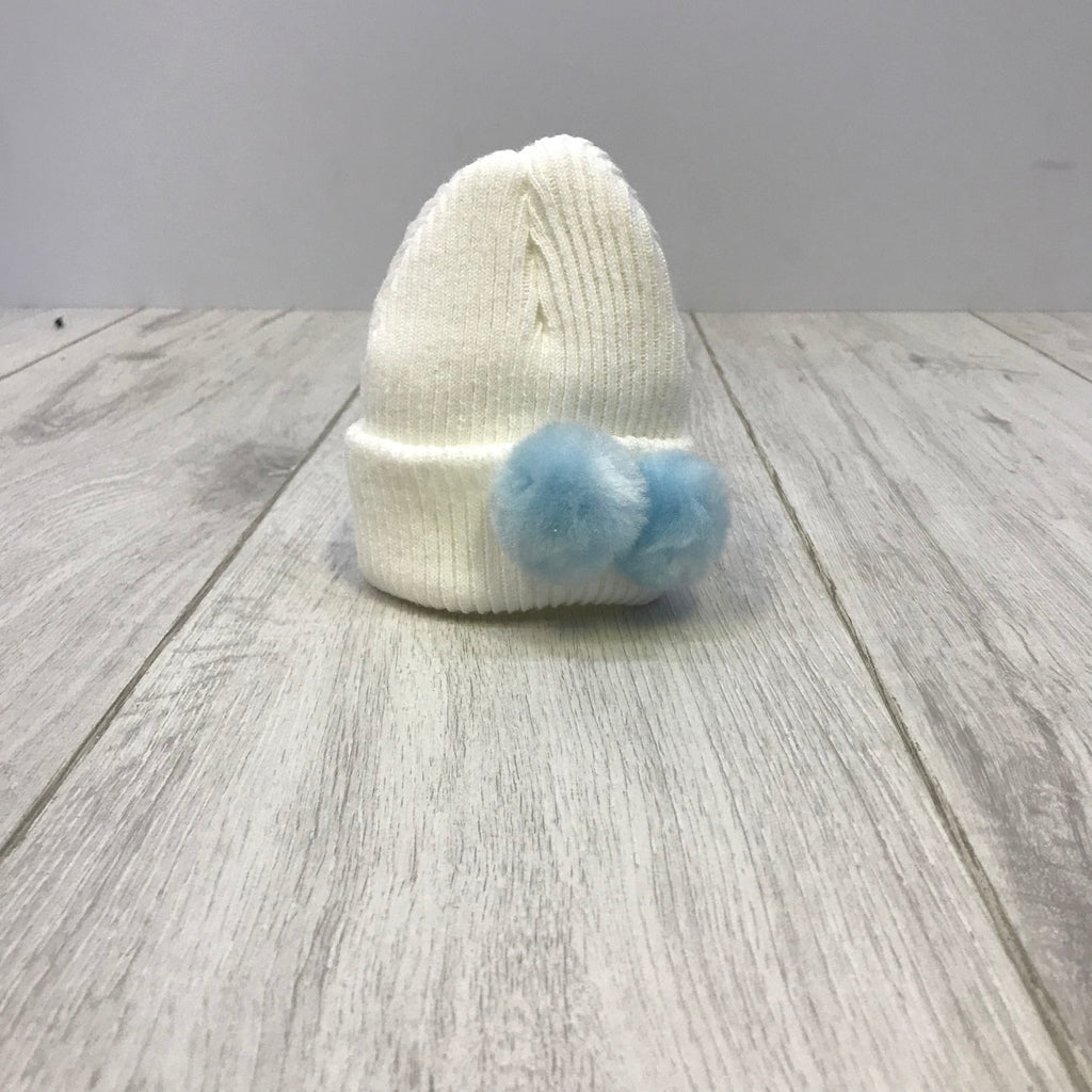 First Size White Hat With Blue Fur Pom Pom