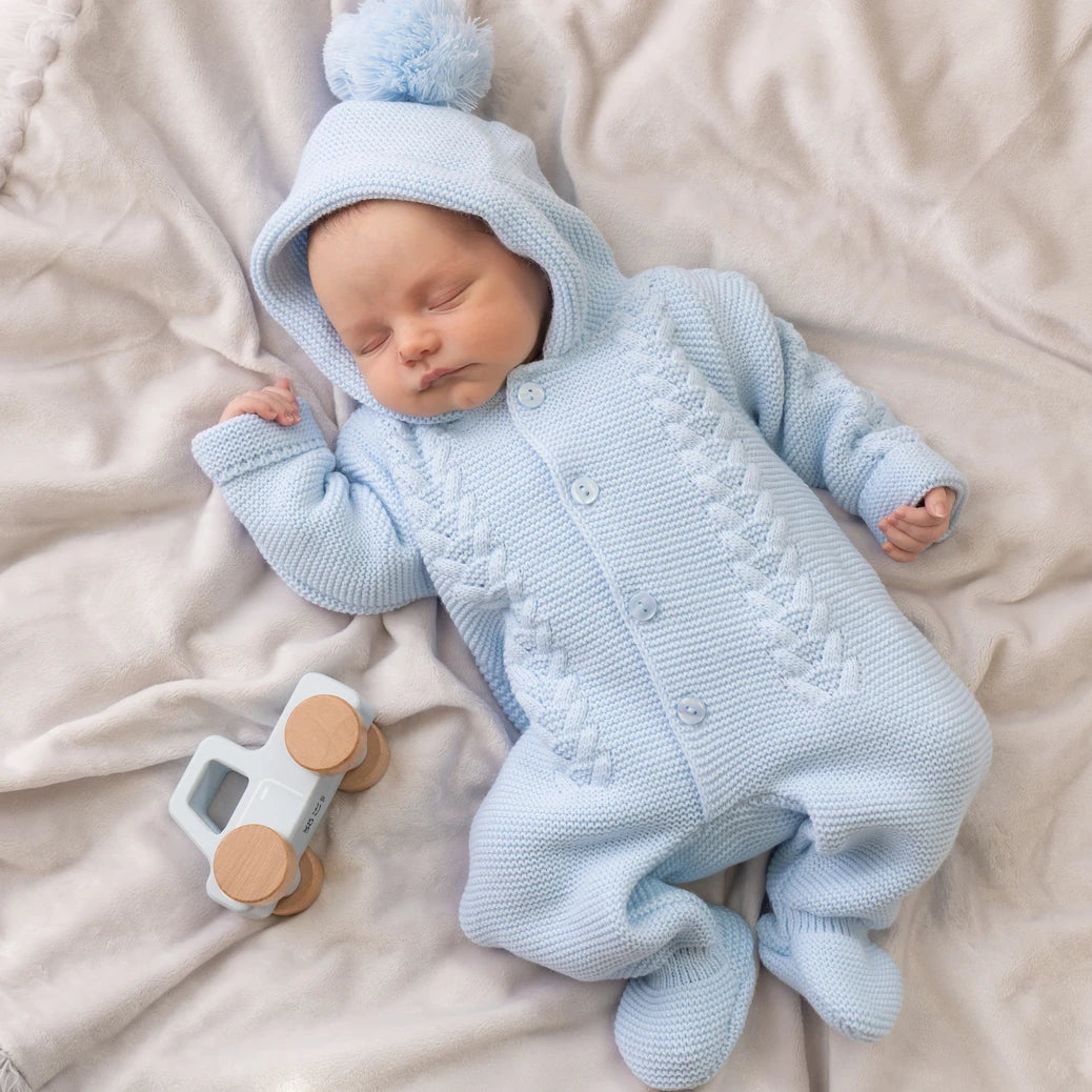 Blue Knitted Hooded Pramsuit