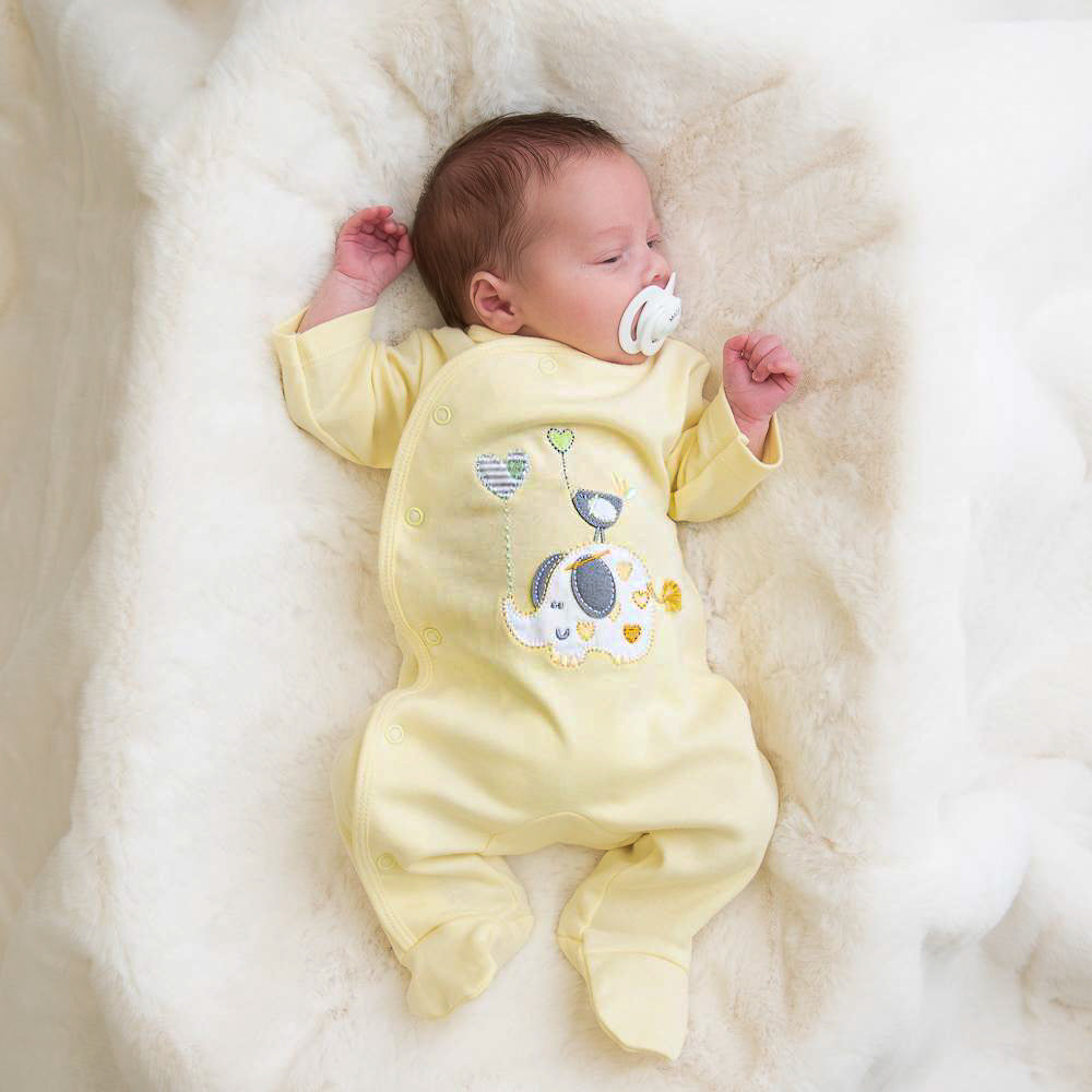 'Elephant & Bird' lemon cotton sleepsuit