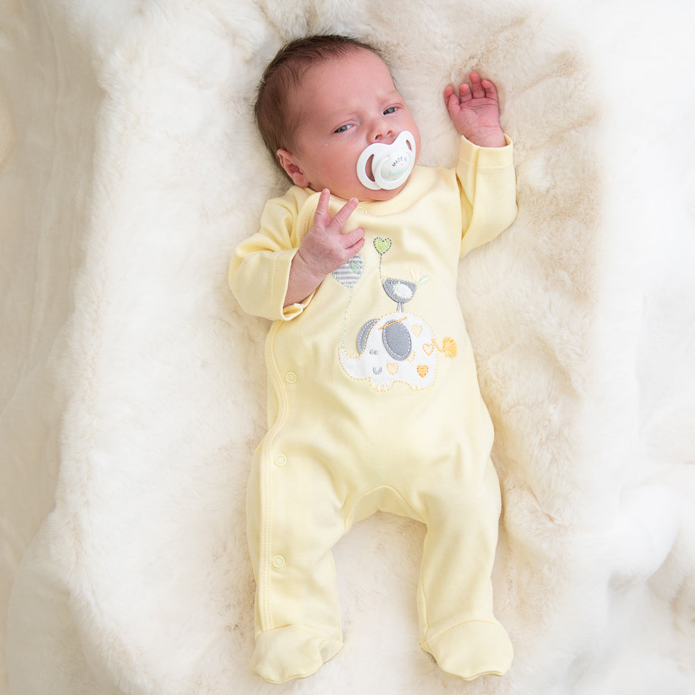 Baby wearing 'Elephant & Bird' lemon cotton sleepsuit with dummy