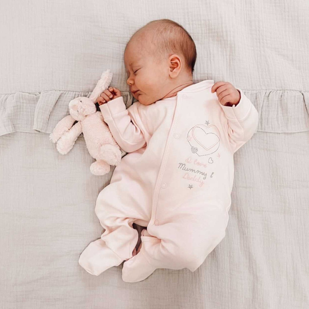 'I love my Mummy & Daddy' pink cotton sleepsuit