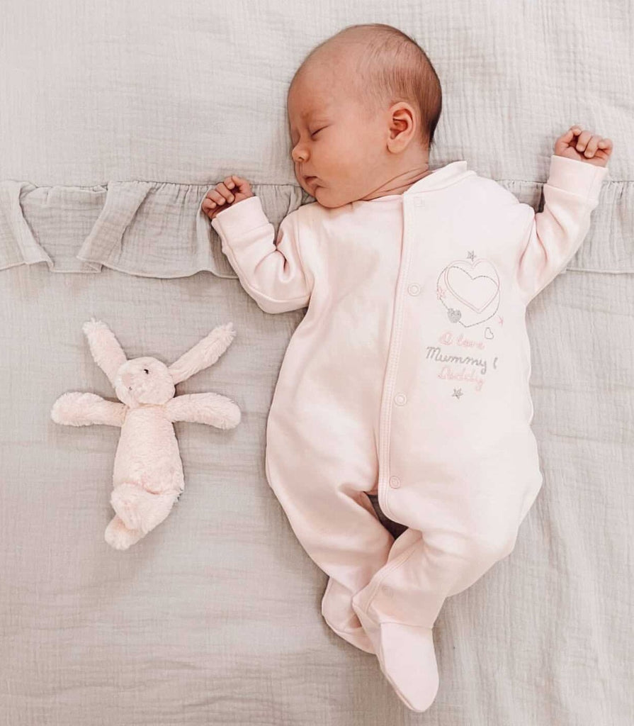 'I love my Mummy & Daddy' pink cotton sleepsuit