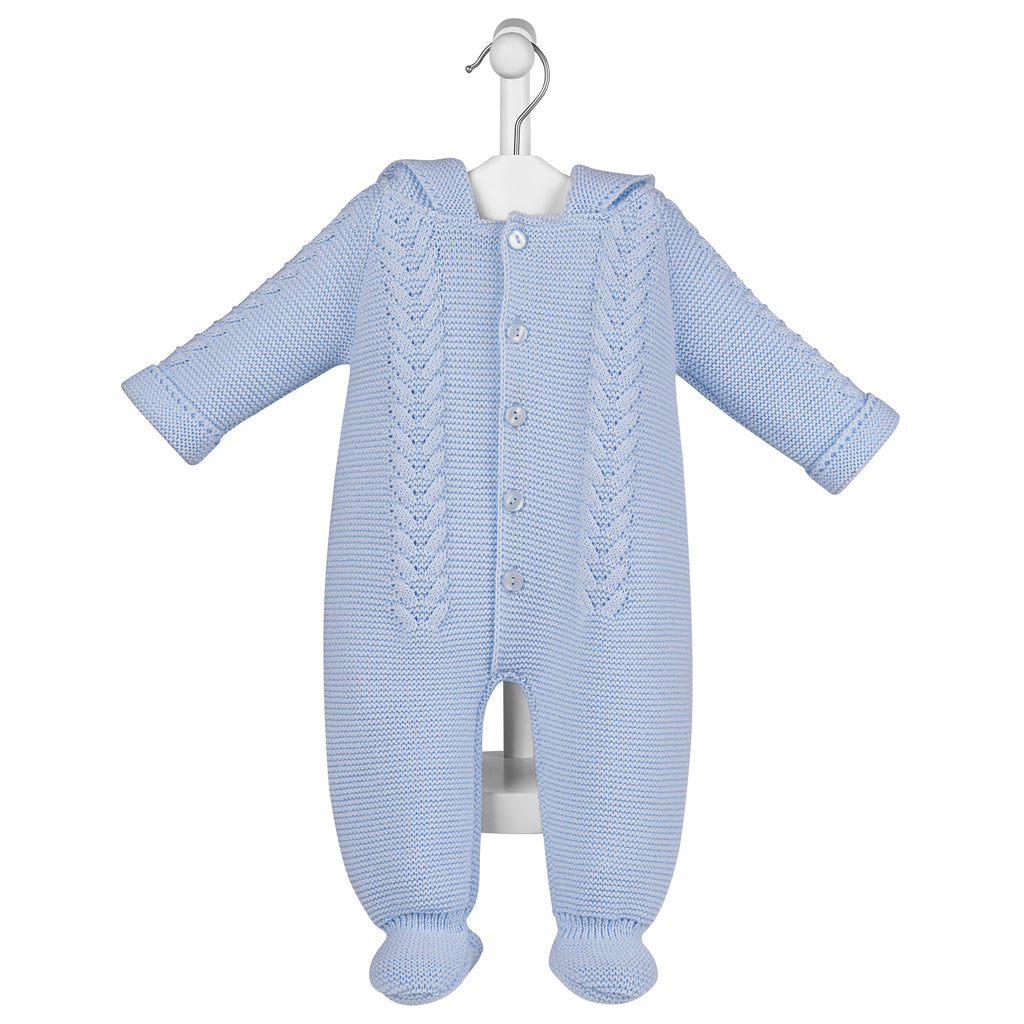 Blue knitted hooded pramsuit