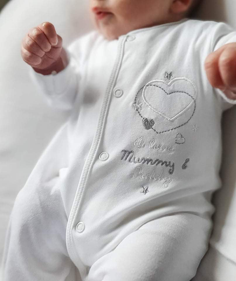 'I love my Mummy & Daddy' white cotton sleepsuit