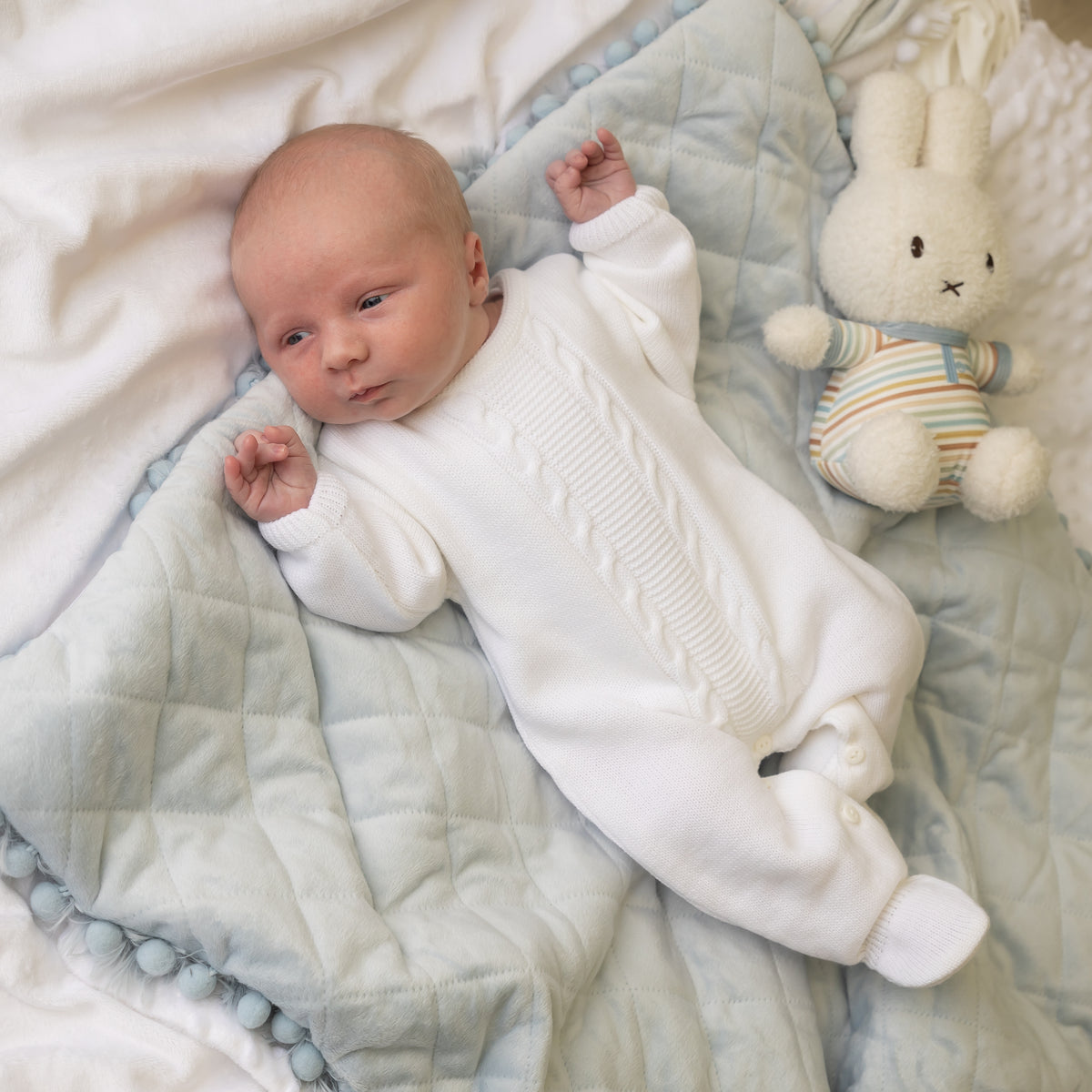 Unisex Cable Knitted White Baby Onesie | Millie & Ralph