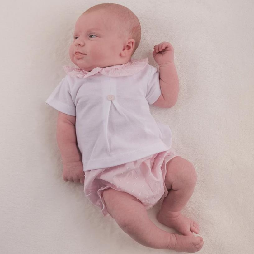 Baby on a white blanket wearing Cotton Ruffle Collar Top & Bloomer