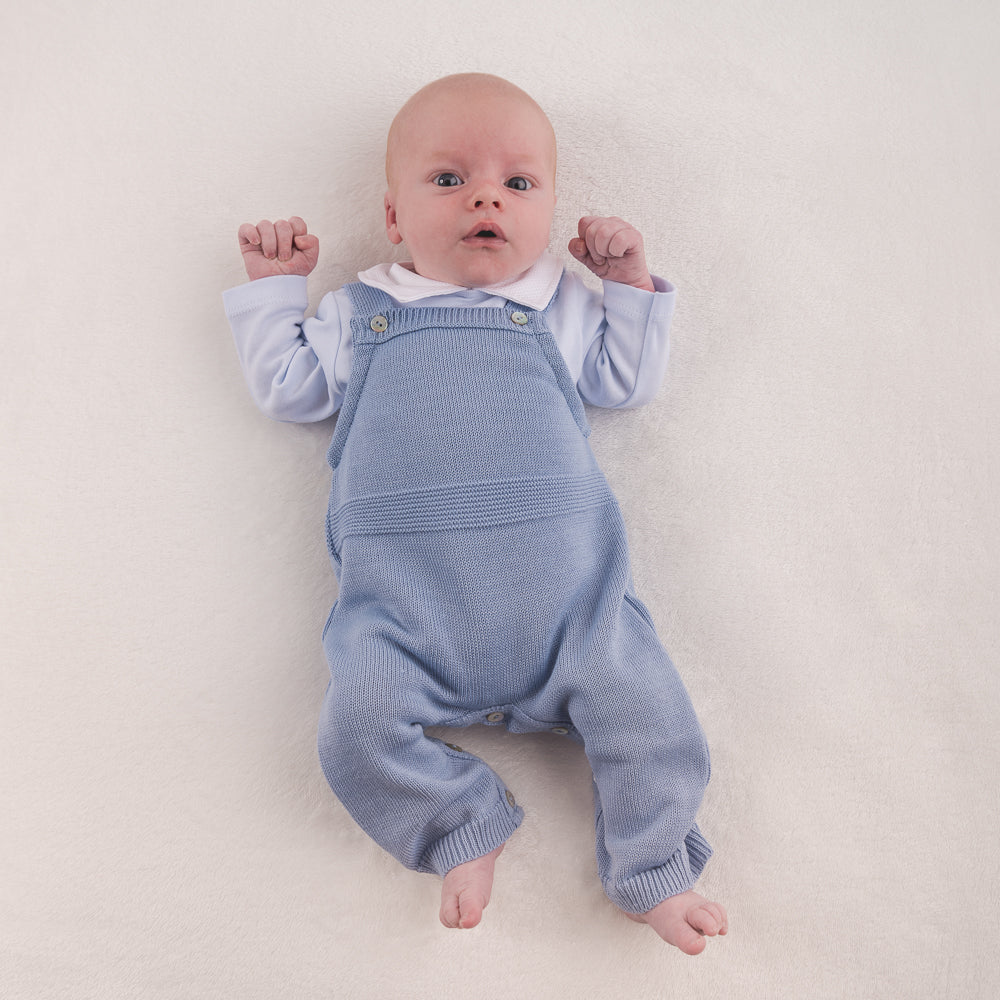Baby wearing Dusty Blue Knitted Romper