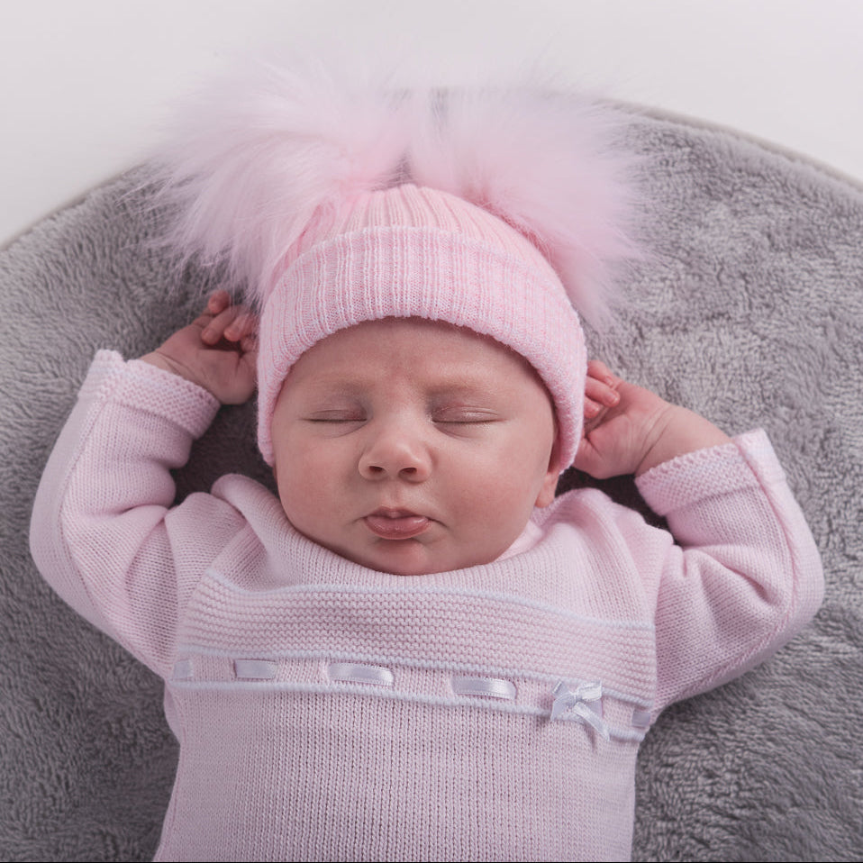 First Ribbed Fur Double Pom Hat
