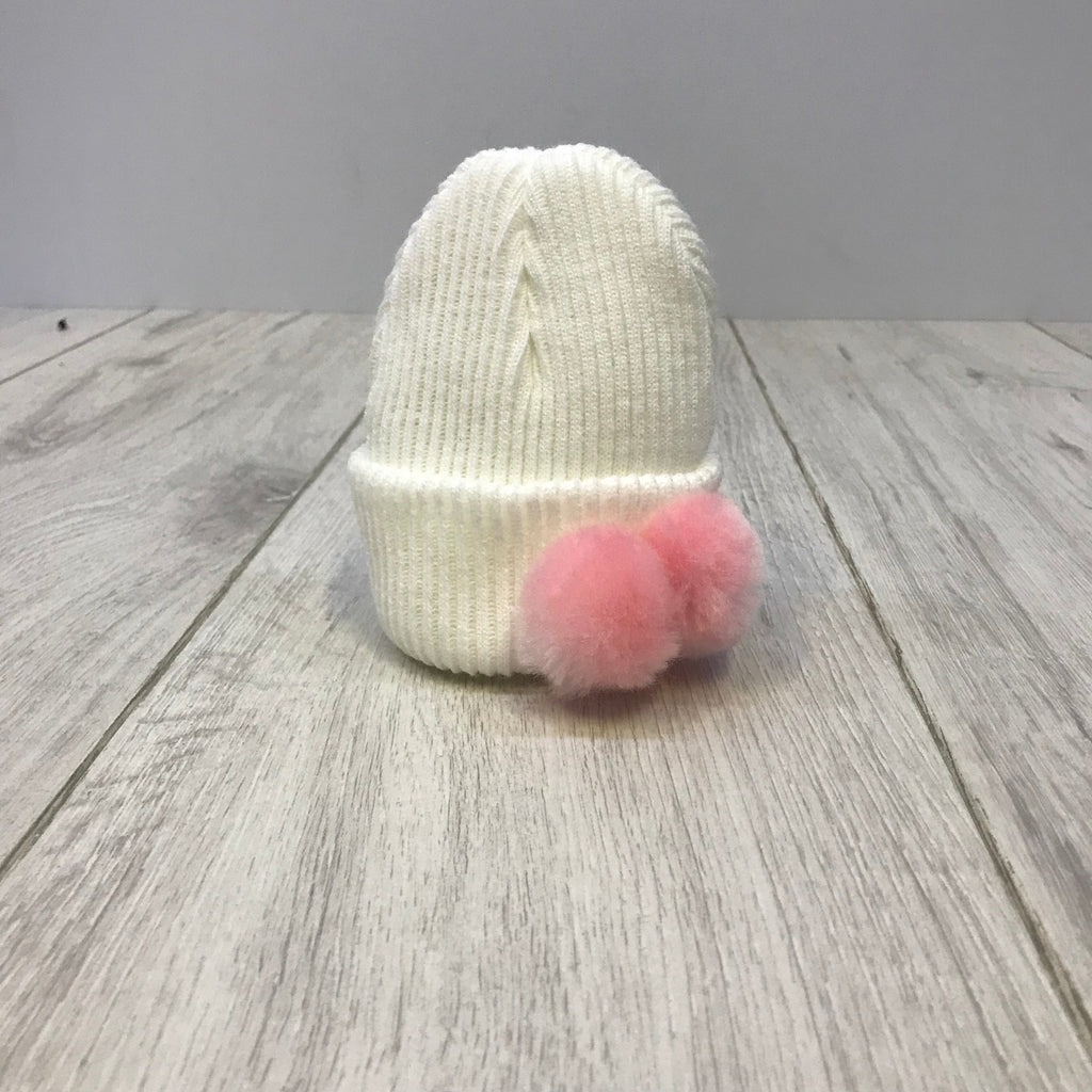 First Size White Hat With Pink Pom Pom