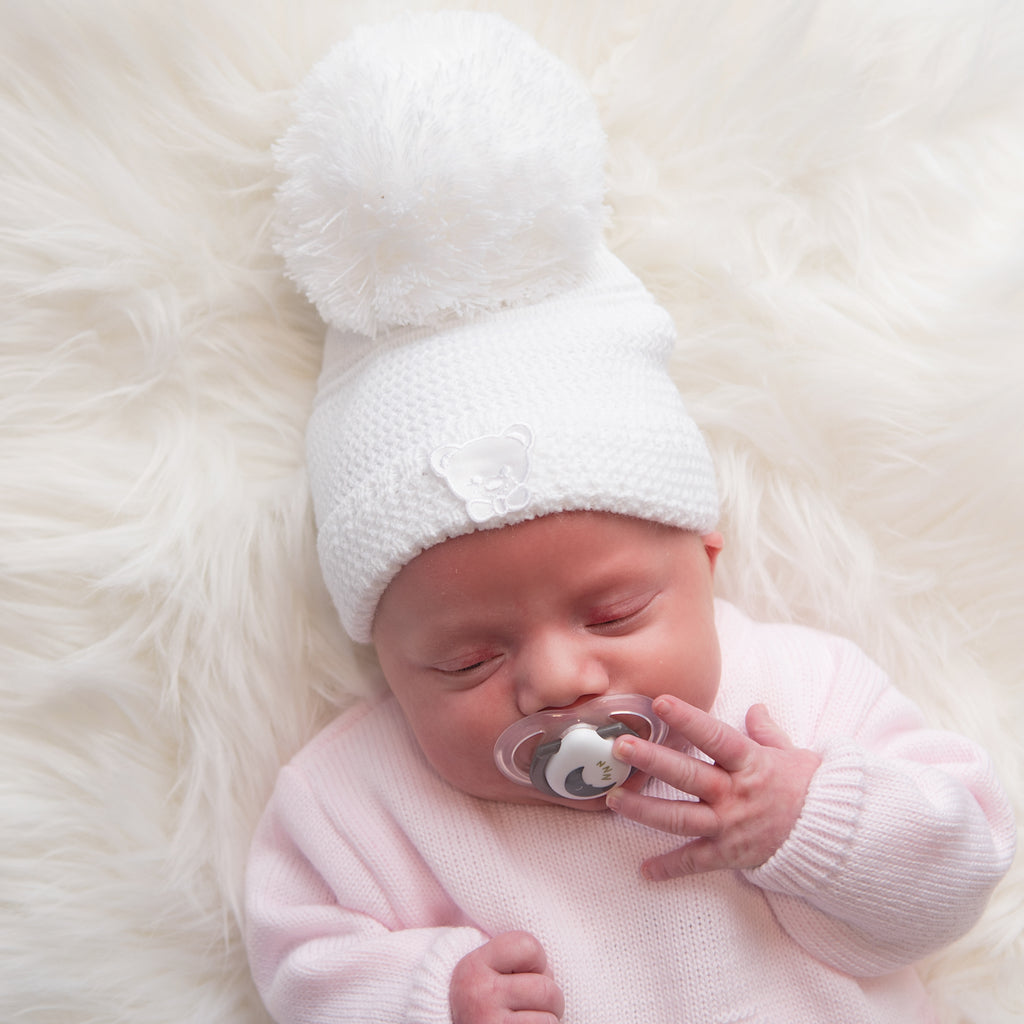 Baby wearing the first size unisex knitted stripe teddy hat