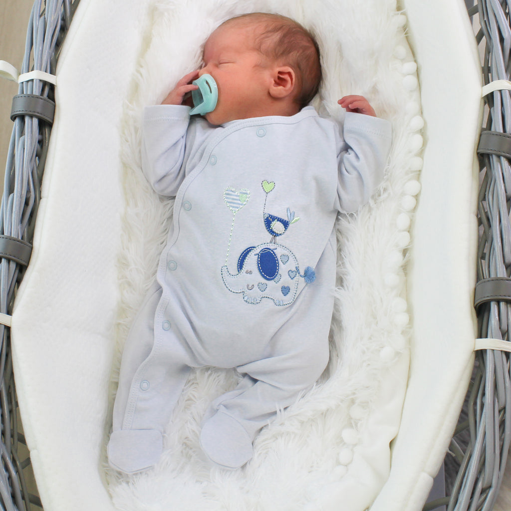 'Elephant & Bird' blue cotton sleepsuit