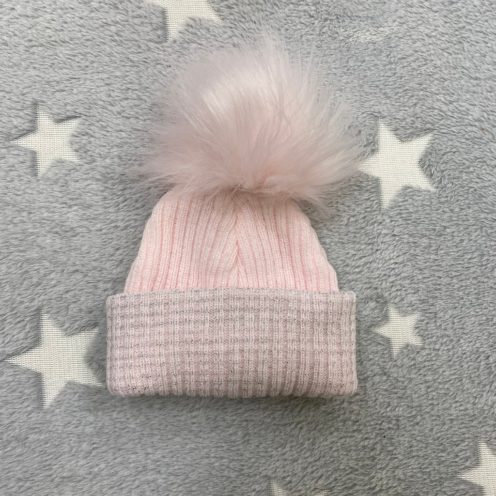First Size Pink And Silver Ribbed Fur Pom Hat