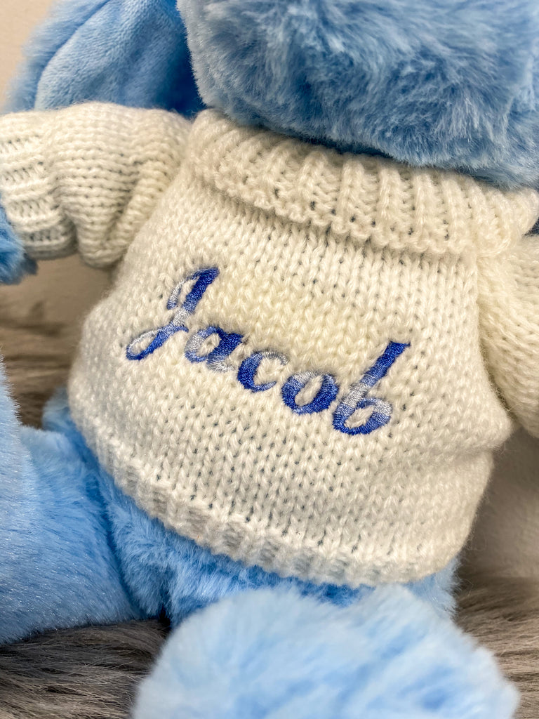 Close up of Blue Bunny With Personalised Embroidered Jumper