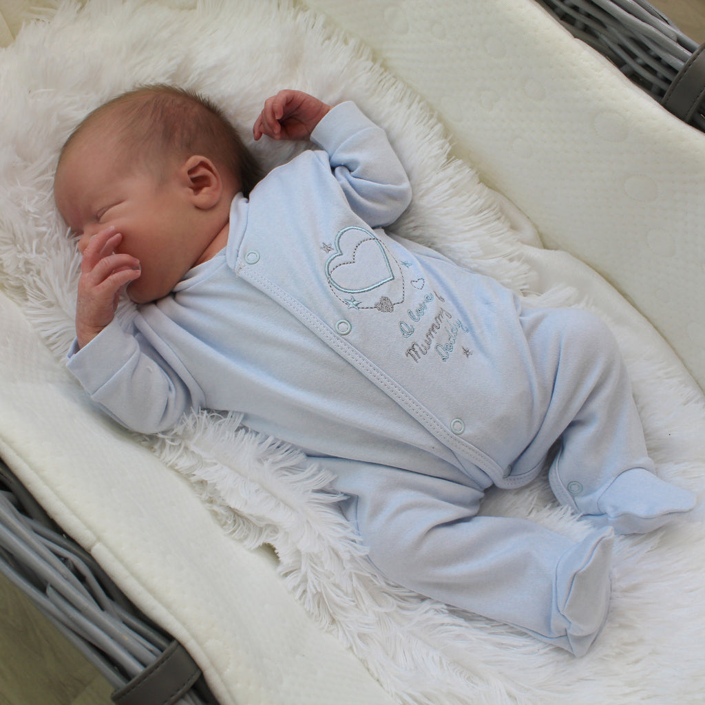 'I love my Mummy & Daddy' blue cotton sleepsuit