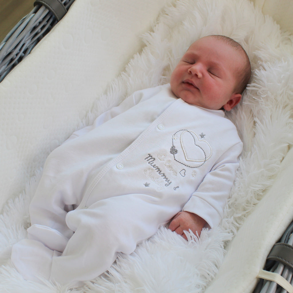 'I love my Mummy & Daddy' white cotton sleepsuit