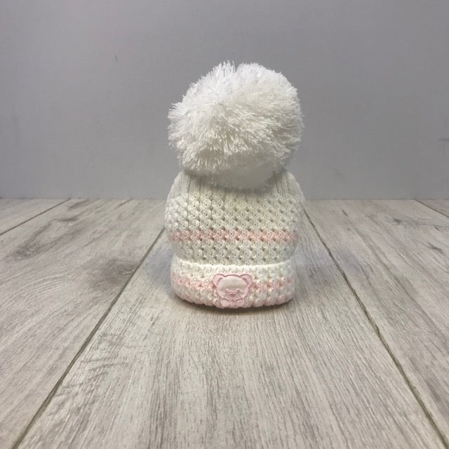 First Size White/Pink Knitted Stripe Pom Hat With Teddy