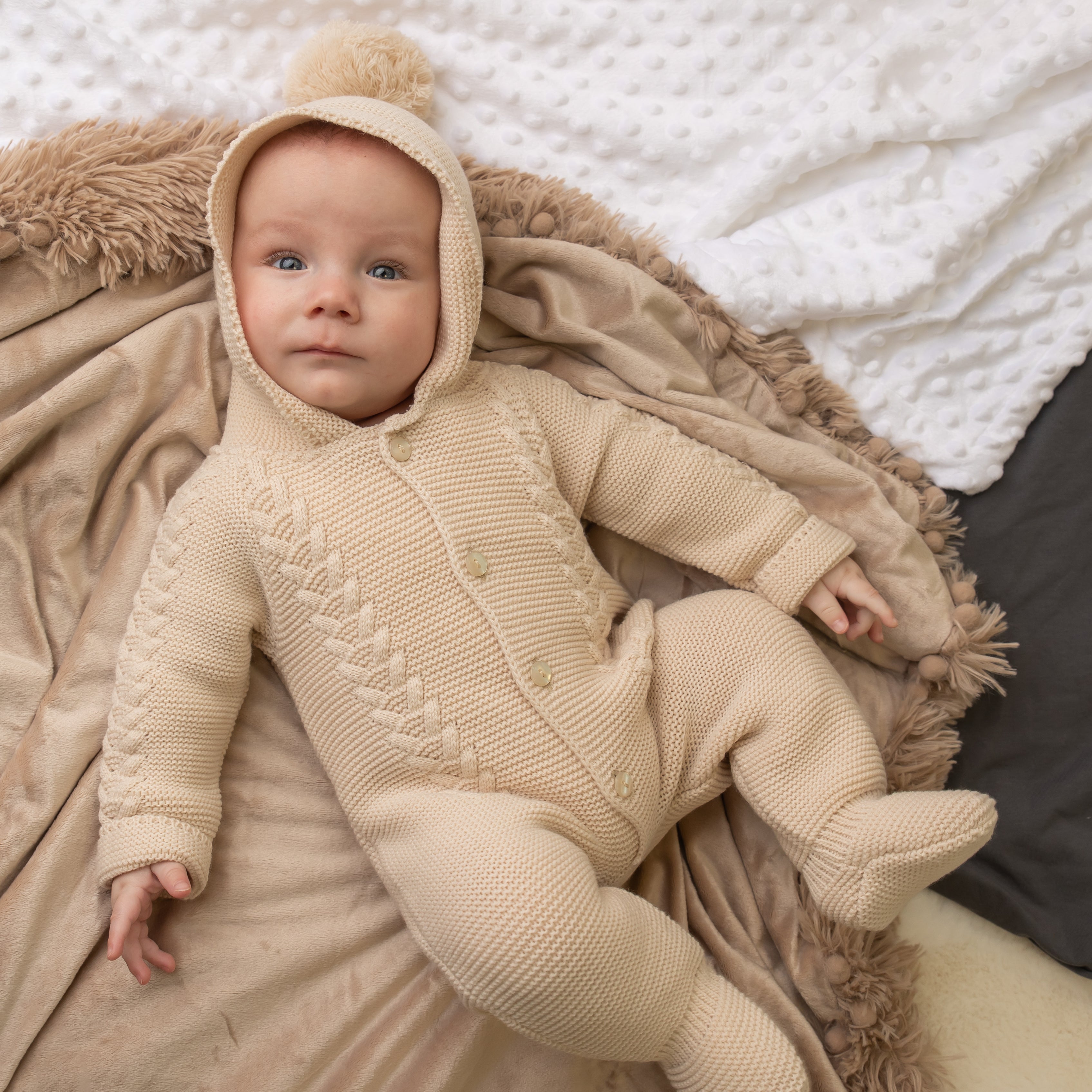 Beige Knitted Hooded Pramsuit – Millie Ralph - Main Image