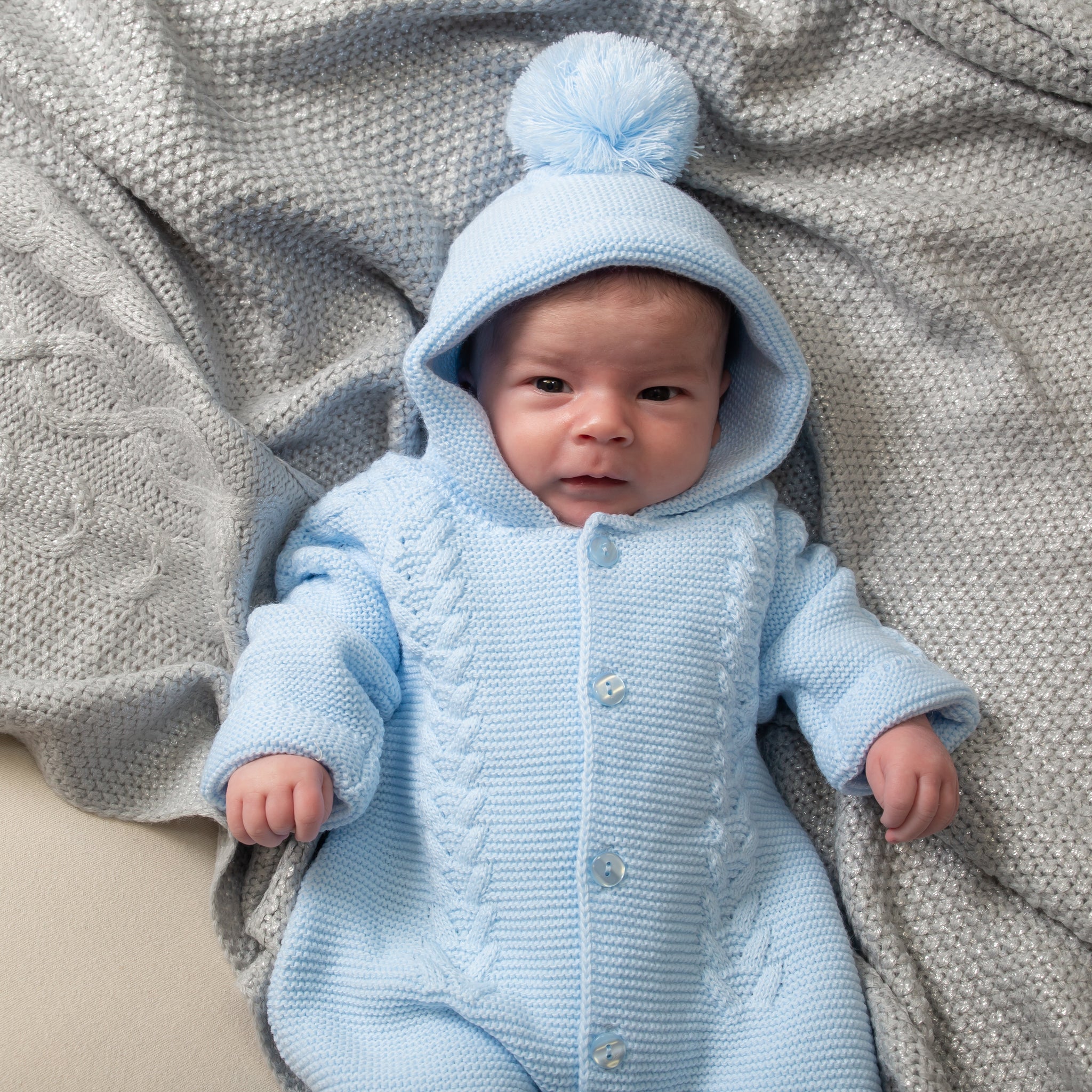 Blue Knitted Hooded Pramsuit