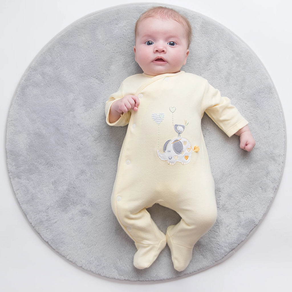 'Elephant & Bird' lemon cotton sleepsuit