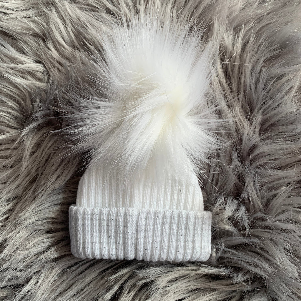 First Size White & Silver Ribbed Fur Pom Hat