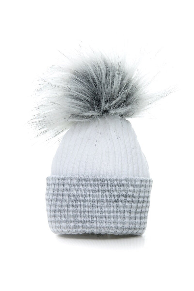 First Size White And Grey Ribbed Fur Pom Hat